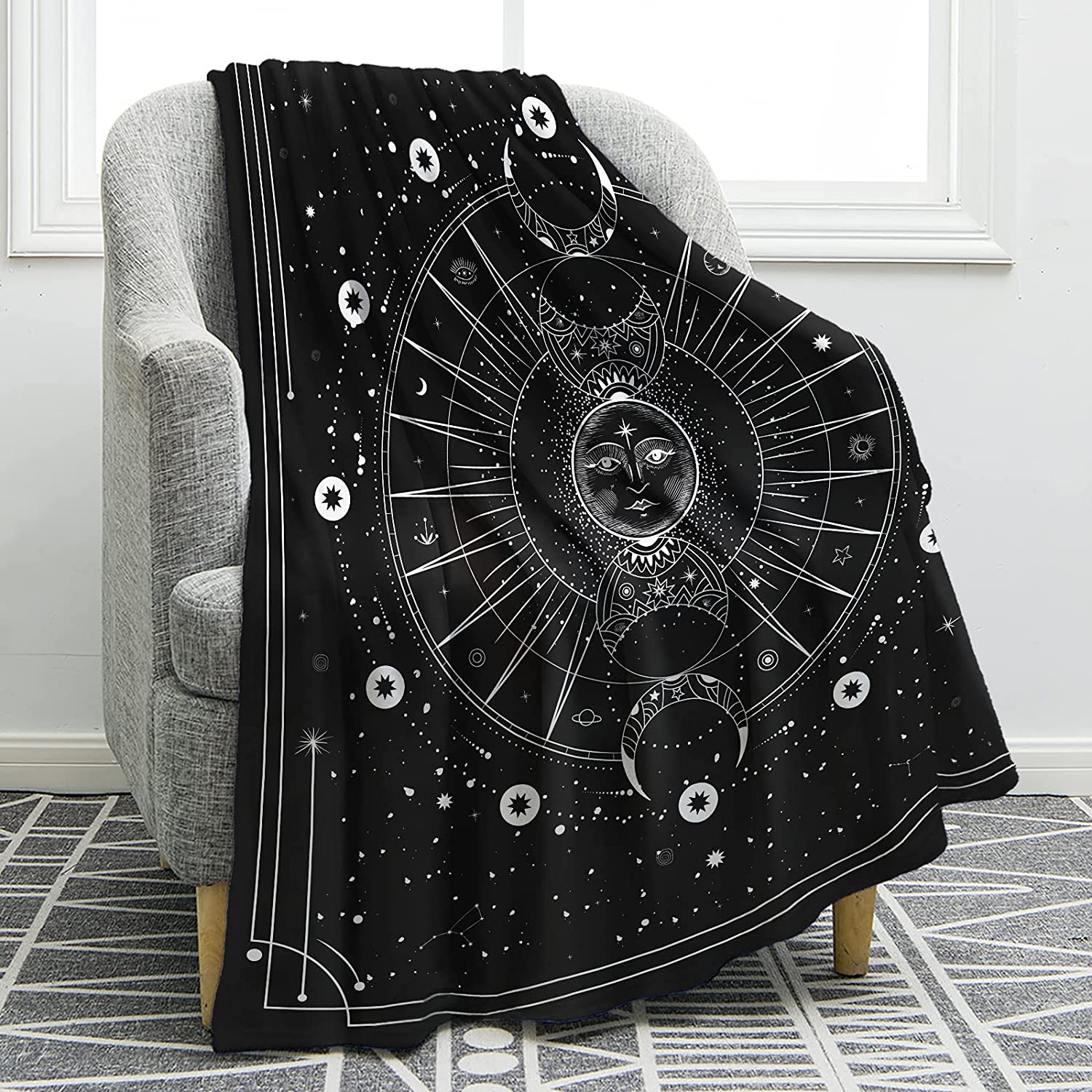 Sun Moon Black and White Print Throw Blanket for Couch Sofa Decor