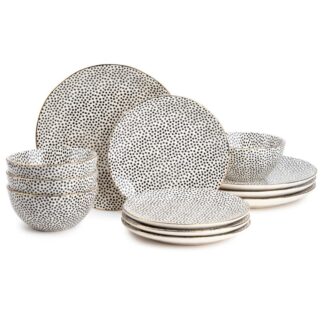 Black & White Dot StonewareDinnerware Set, 12 Piece Set