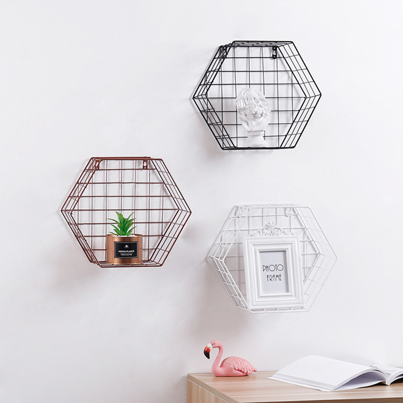 Wrought Iron Hexagon Grid Rack Wall Decoration - Image 2