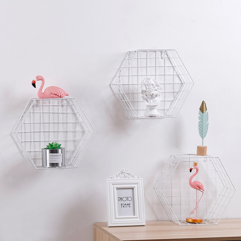 Wrought Iron Hexagon Grid Rack Wall Decoration - Image 3