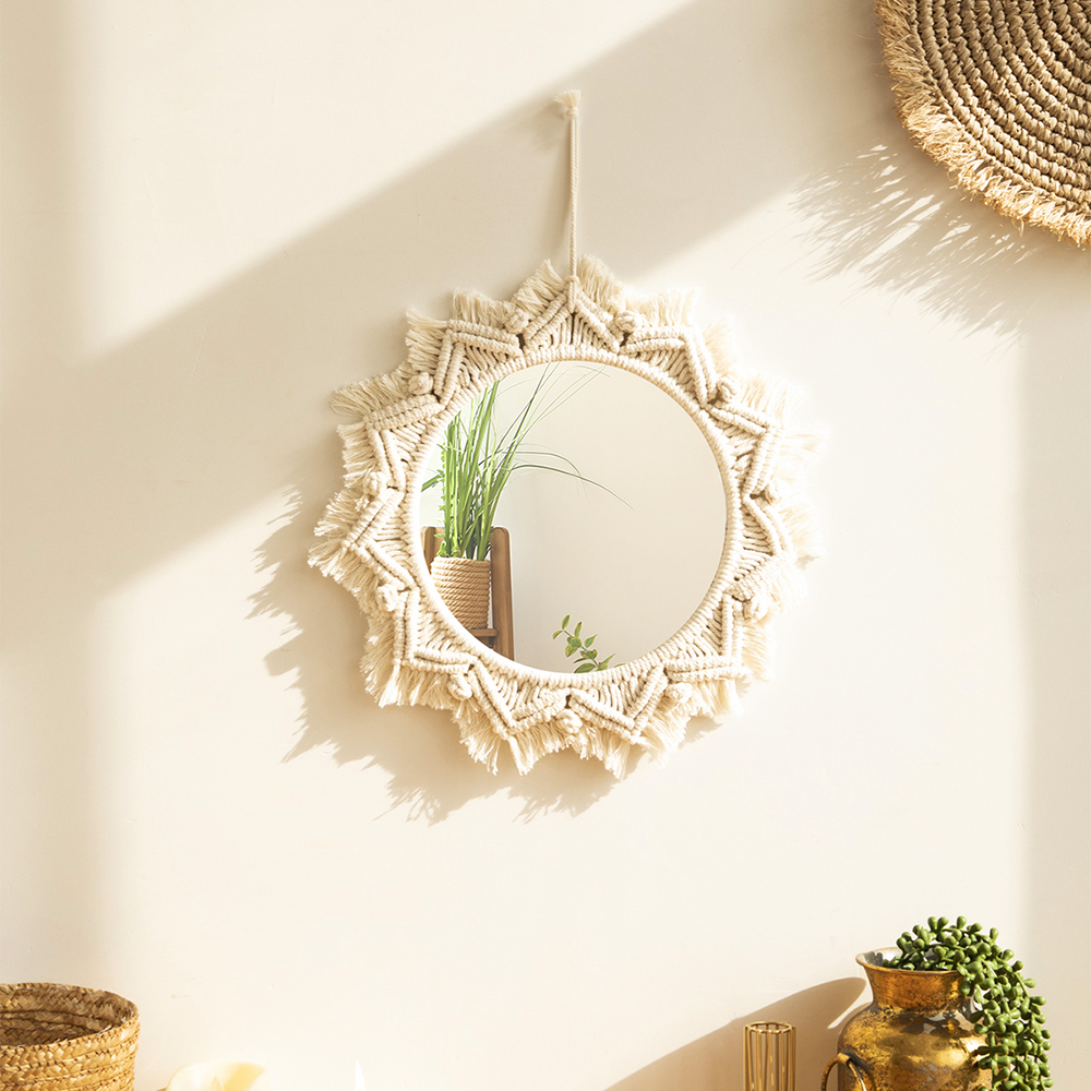 Boho Macrame Wall Hanging Round Mirror Decorative
