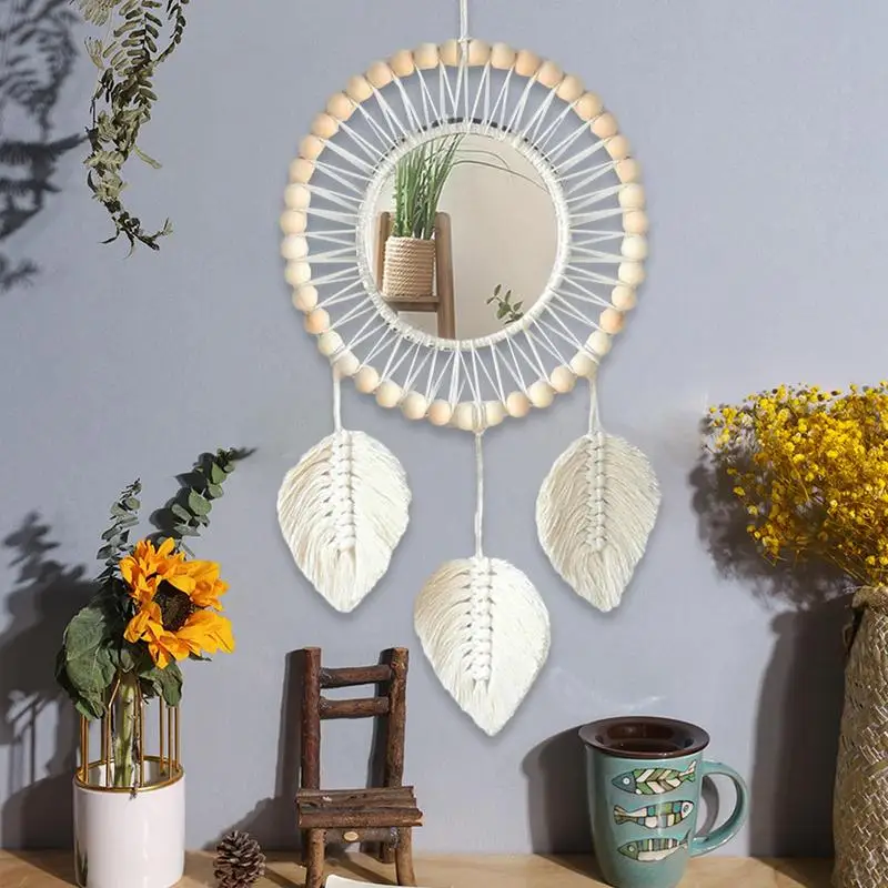 3 Leaves Macrame Boho Round Mirror Wall Decoration - Image 2