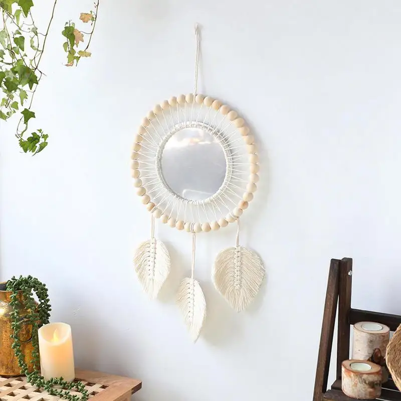 3 Leaves Macrame Boho Round Mirror Wall Decoration - Image 3
