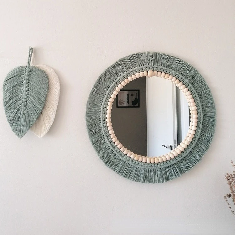 Nordic Hand-Woven Green Soft Macrame Creative Decorative Hanging Mirror - Image 2