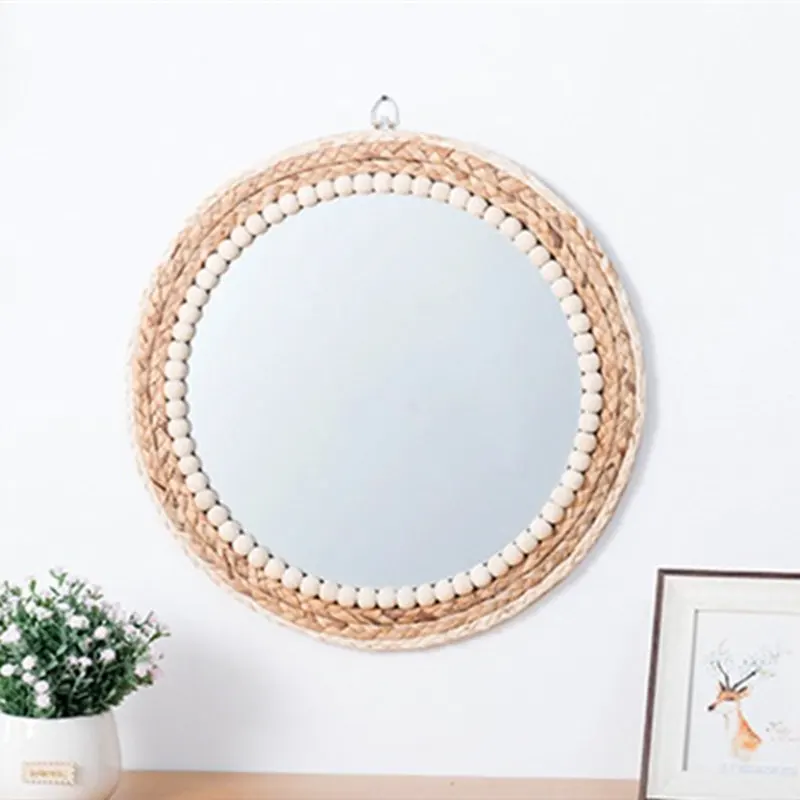 Creative Straw Rope Wood Beads Decorative Wall Mirror - Image 2