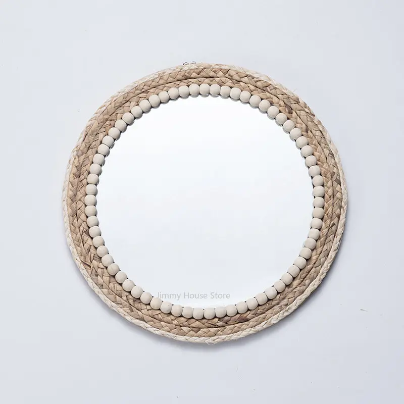 Creative Straw Rope Wood Beads Decorative Wall Mirror - Image 3