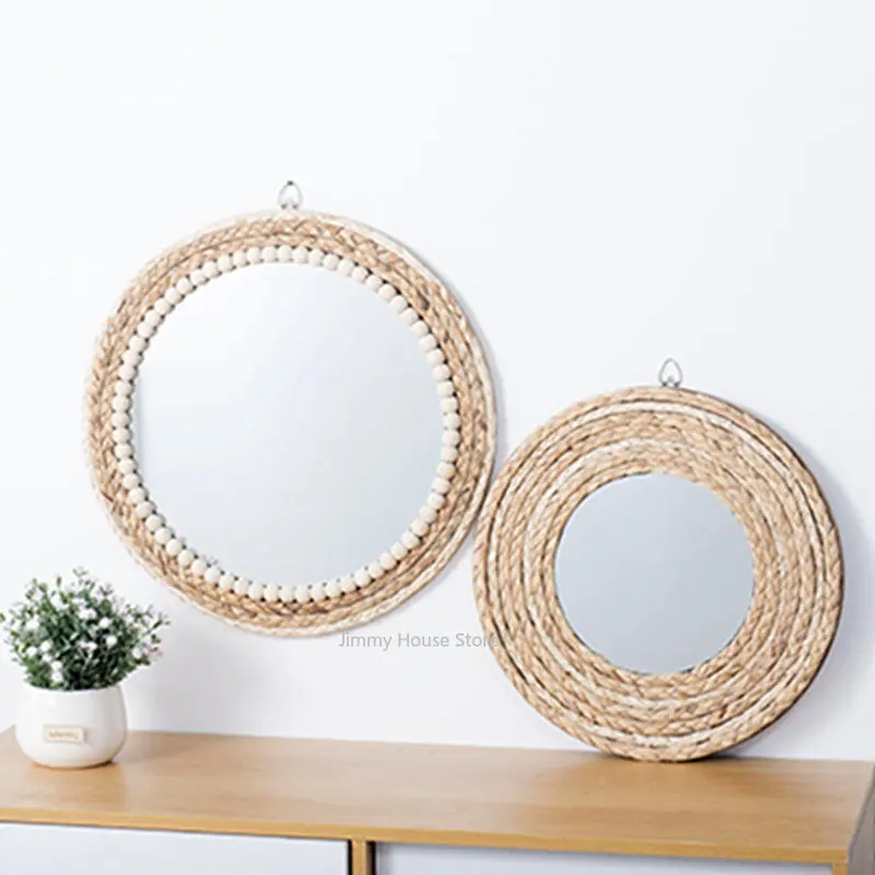 Creative Straw Rope Wood Beads Decorative Wall Mirror - Image 4