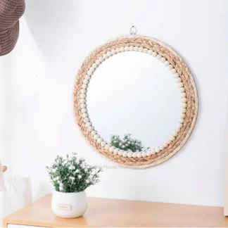 Creative Straw Rope Wood Beads Decorative Wall Mirror