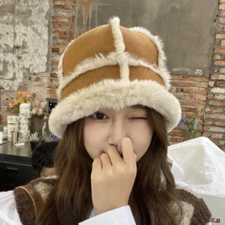 Autumn Winter Panama Suede Bucket Hat Women Artificial Fur Warm Female Cap