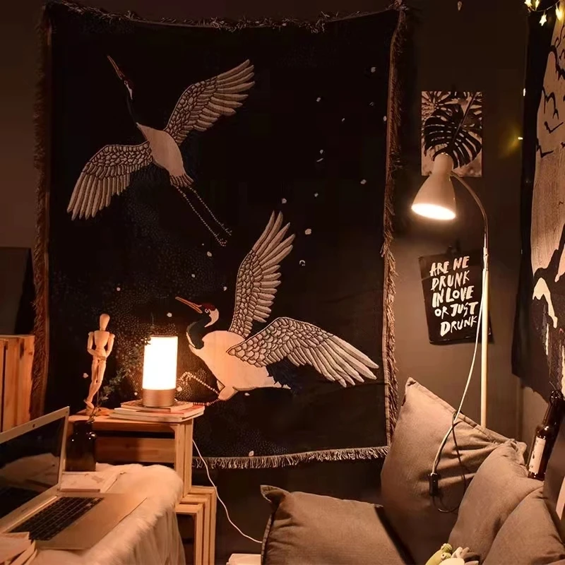 Black Blanket Crane Japanese Blankets Pattern Art Flower Printed Soft Sofa Cover - Image 2