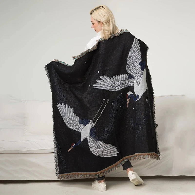 Black Blanket Crane Japanese Blankets Pattern Art Flower Printed Soft Sofa Cover - Image 3