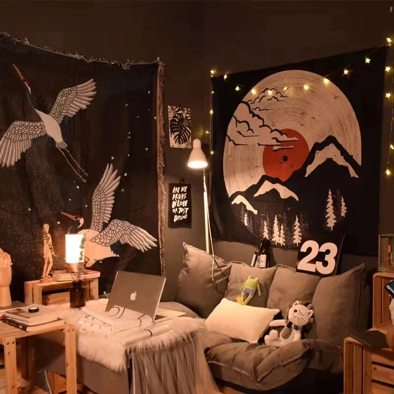 Black Blanket Crane Japanese Blankets Pattern Art Flower Printed Soft Sofa Cover - Image 4