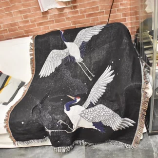 Black Blanket Crane Japanese Blankets Pattern Art Flower Printed Soft Sofa Cover