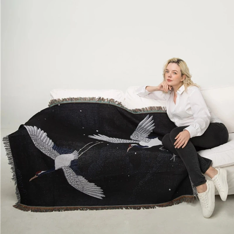 Black Blanket Crane Japanese Blankets Pattern Art Flower Printed Soft Sofa Cover - Image 5