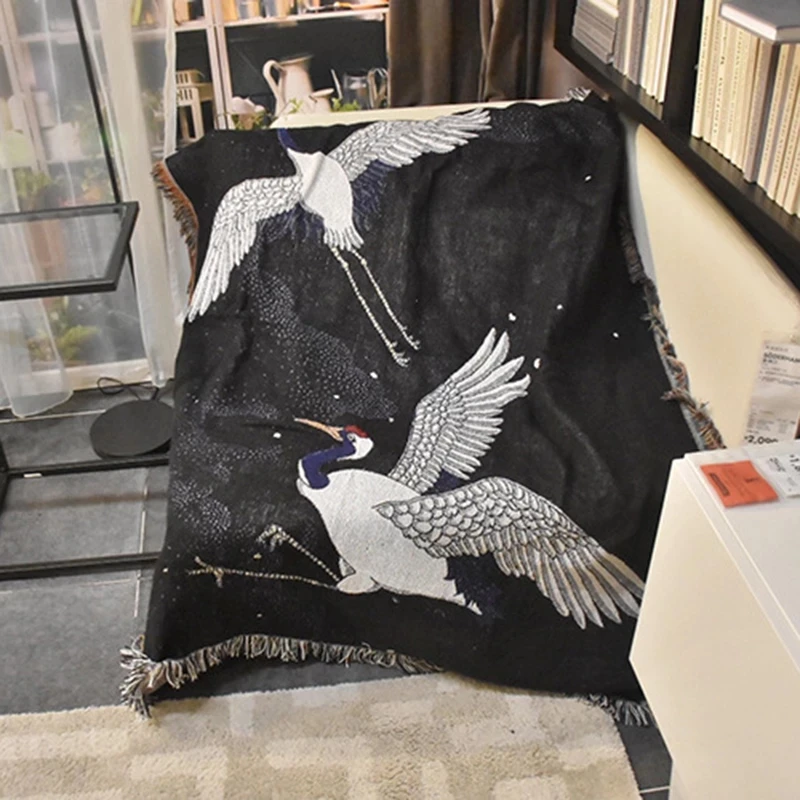 Black Blanket Crane Japanese Blankets Pattern Art Flower Printed Soft Sofa Cover - Image 6