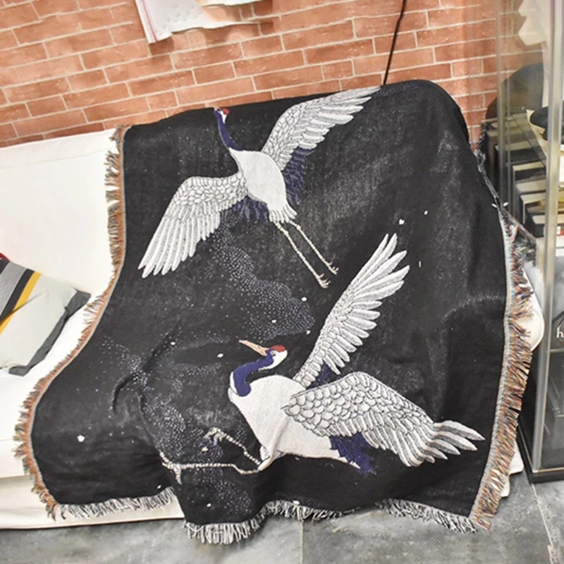 Black Blanket Crane Japanese Blankets Pattern Art Flower Printed Soft Sofa Cover