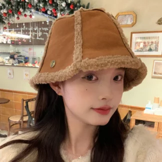Korean Fashion Suede Solid Color Basin Hat Women Winter Warm Double-sided Wear Straight Warm Short Brim Temperament Bucket Hats