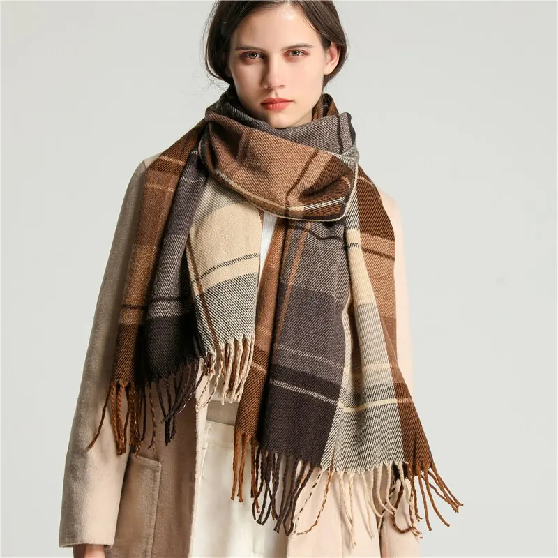 Luxury Plaid Print Warm Cashmere Pashmina With Tassel Women Scarf - Image 2