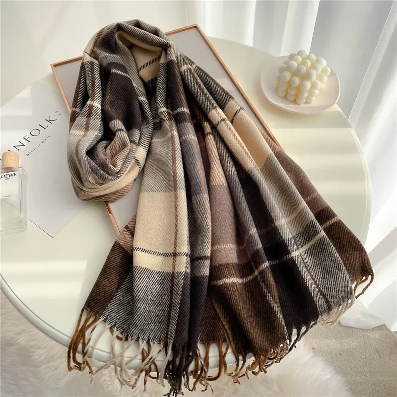 Luxury Plaid Print Warm Cashmere Pashmina With Tassel Women Scarf