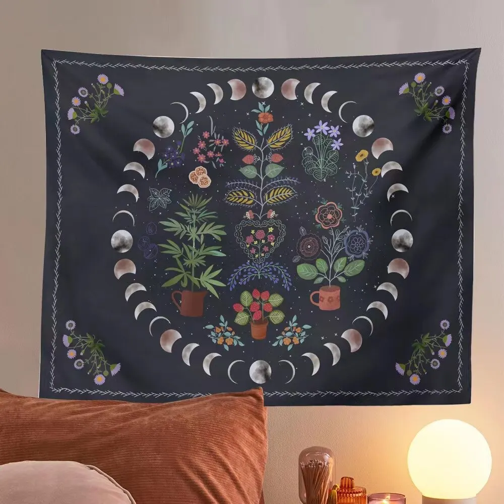 Black Bohemian Style Plant-based Moon Flower Decoration Tapestry - Image 2