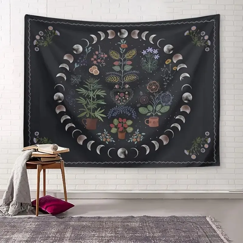 Black Bohemian Style Plant-based Moon Flower Decoration Tapestry - Image 3