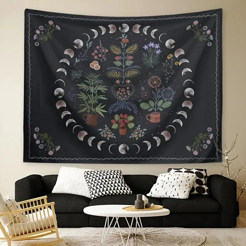 Black Bohemian Style Plant-based Moon Flower Decoration Tapestry - Image 4