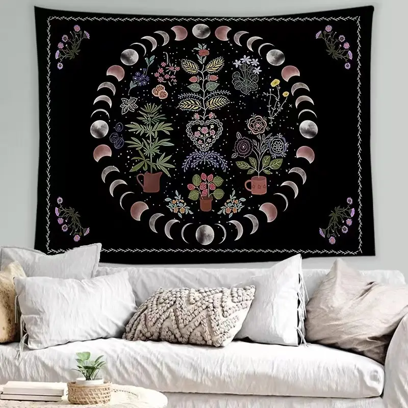 Black Bohemian Style Plant-based Moon Flower Decoration Tapestry