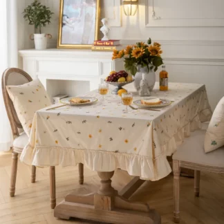 Embroidered Flower Dining Table Cover With Lotus Leaf