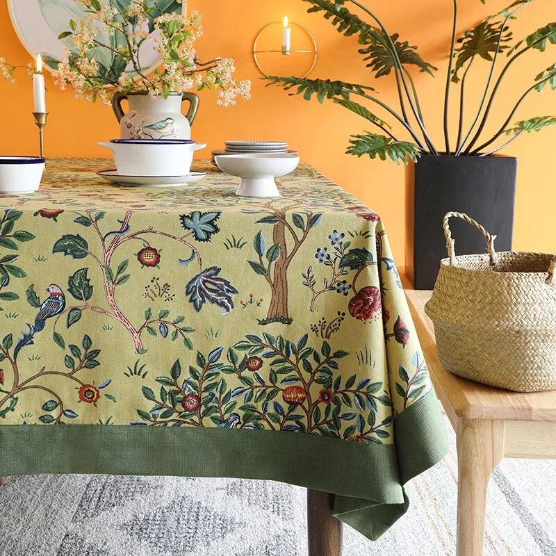 Retro Floral Linen Rectangular Tablecloth for Table Party Decoration