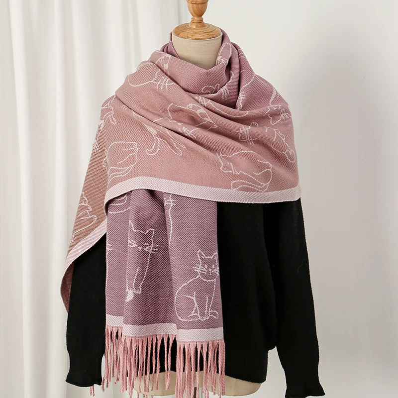 Cute Cartoon Cat Printing Warm Shawl Cashmere Women's Scarf