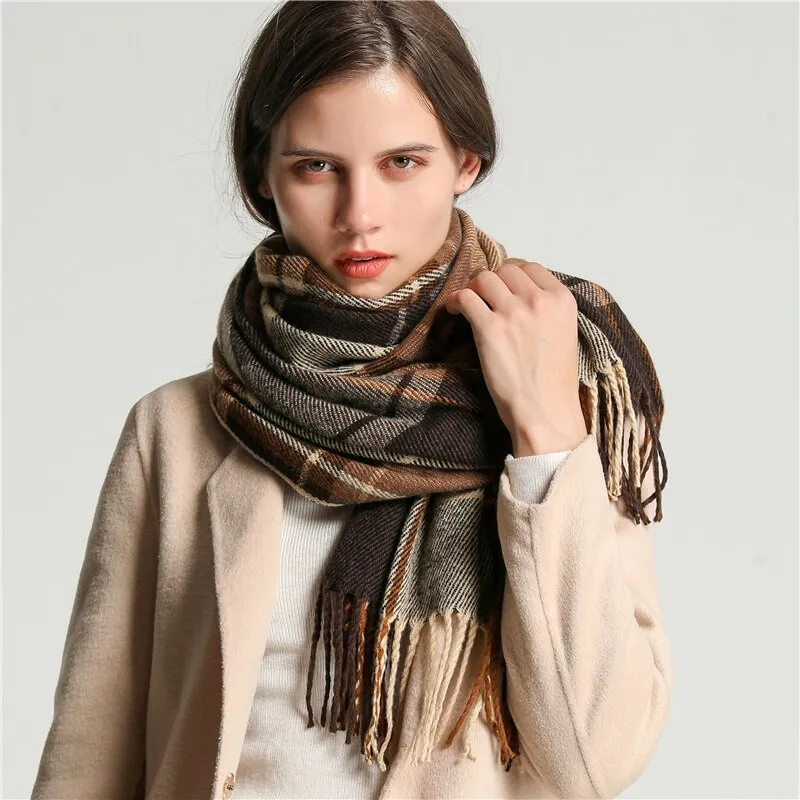 Luxury Plaid Print Warm Cashmere Pashmina With Tassel Women Scarf - Image 3