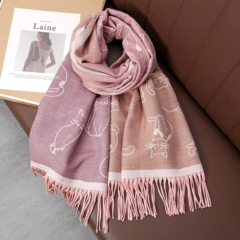 Cute Cartoon Cat Printing Warm Shawl Cashmere Women's Scarf - Image 2