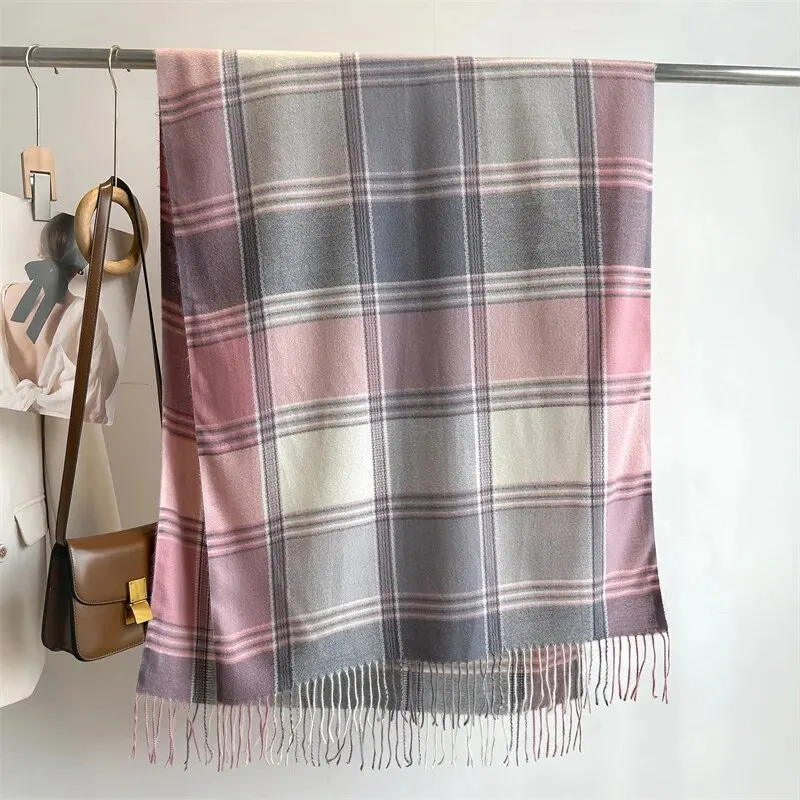 Pink Plaid Cashmere Shawl Luxury Winter Scarf - Image 2