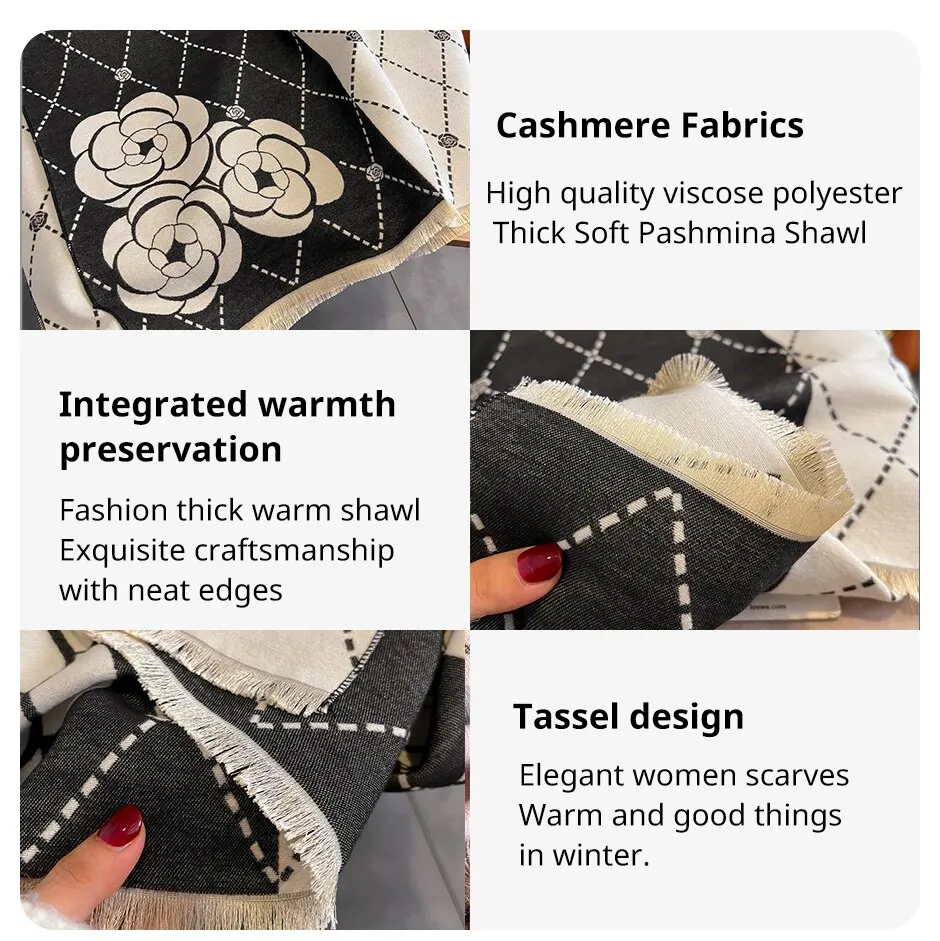 Winter Thick Cashmere Poncho Luxury Plaid Floral Scarf for Women - Image 3