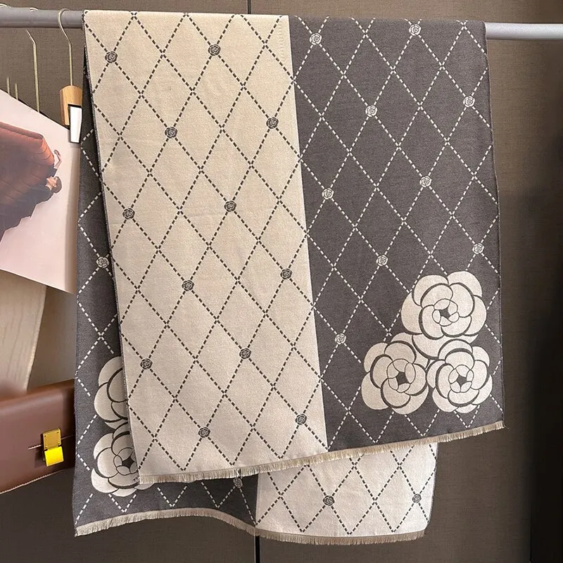 Winter Thick Cashmere Poncho Luxury Plaid Floral Scarf for Women - Image 2