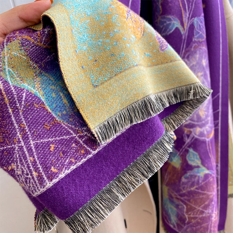 Purple Floral Designer Winter Cashmere Pashmina Scarf - Image 4