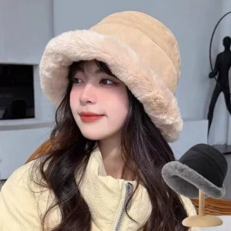 Women Winter Bucket Hat Faux Fur Warm Fisherman Cap