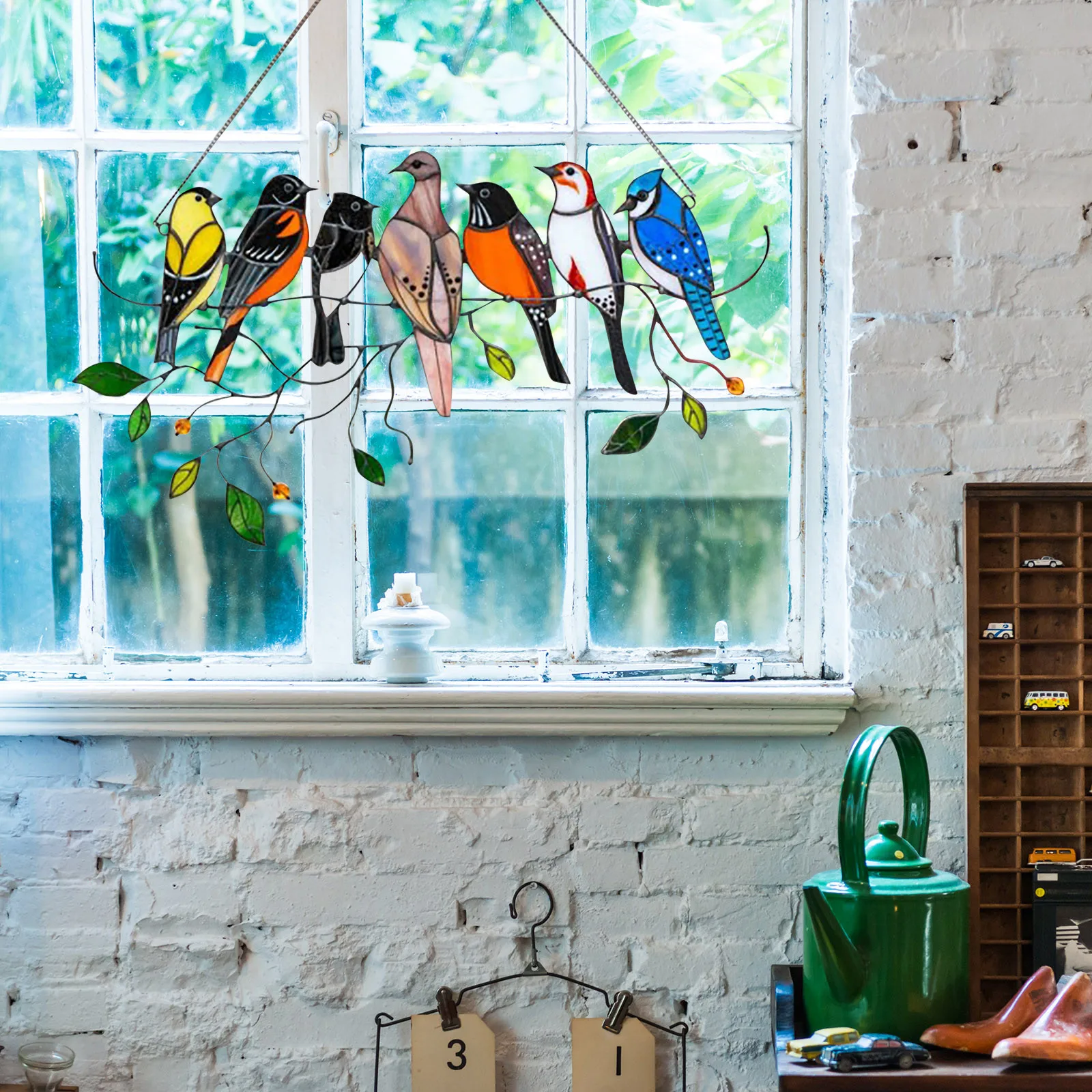 Multicolor Birds On A Wire High Stained Suncatcher Window Panel - Image 2