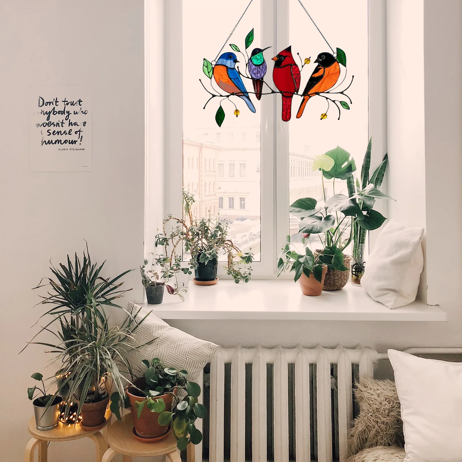 Multicolor Birds On A Wire High Stained Suncatcher Window Panel - Image 4