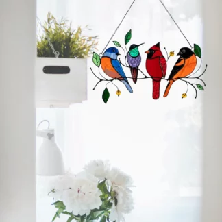 Multicolor Birds On A Wire High Stained Suncatcher Window Panel