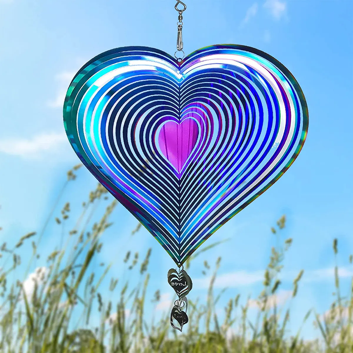 3D Heart Wind Spinner Metal Stainless Steel Heart Wind Catchers Suncatcher with Hook Hanging - Image 2