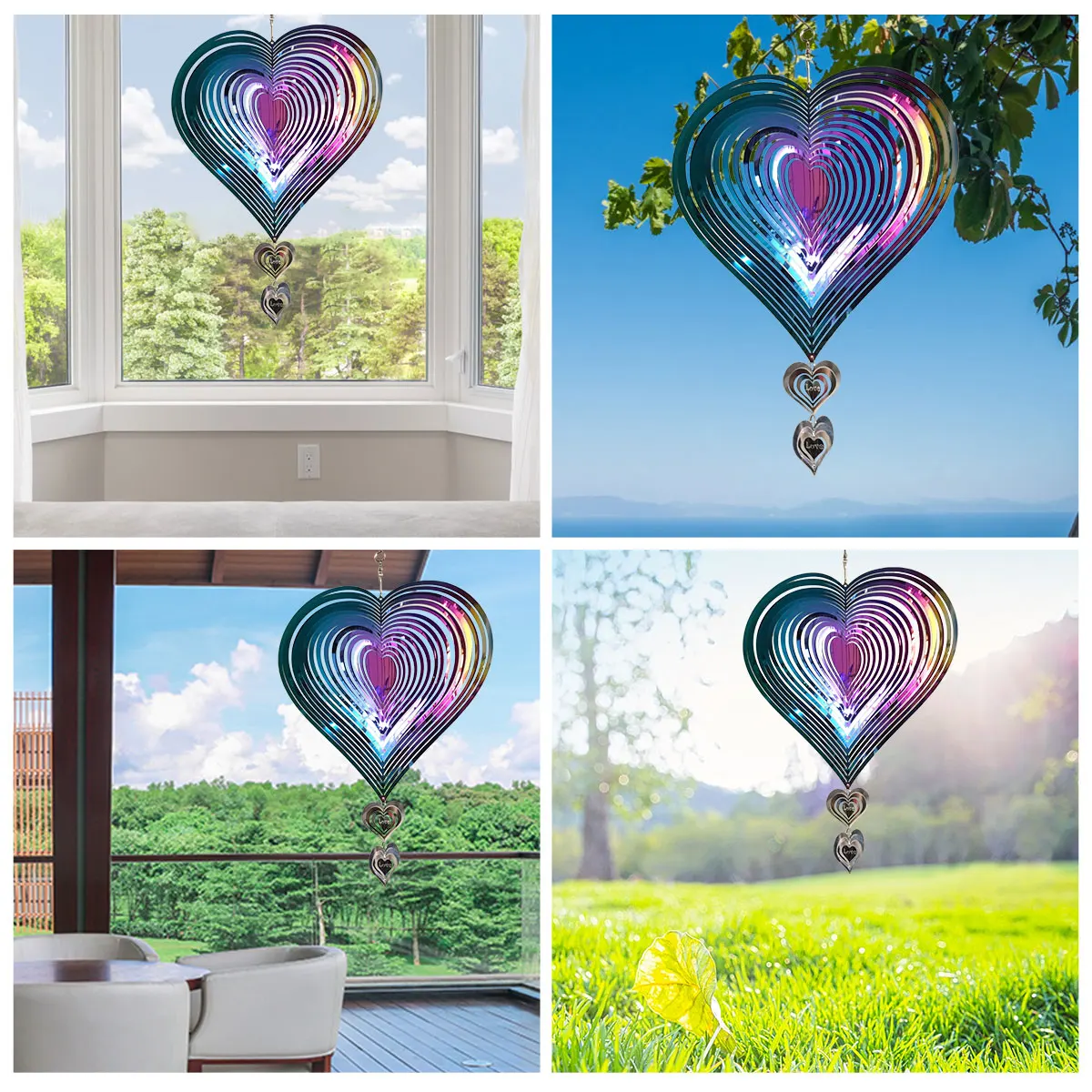 3D Heart Wind Spinner Metal Stainless Steel Heart Wind Catchers Suncatcher with Hook Hanging - Image 3