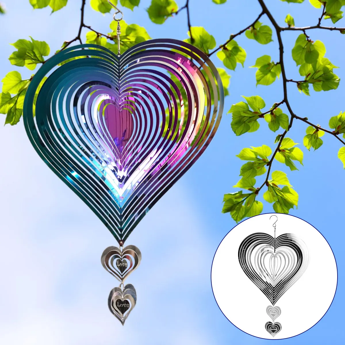 3D Heart Wind Spinner Metal Stainless Steel Heart Wind Catchers Suncatcher with Hook Hanging - Image 4