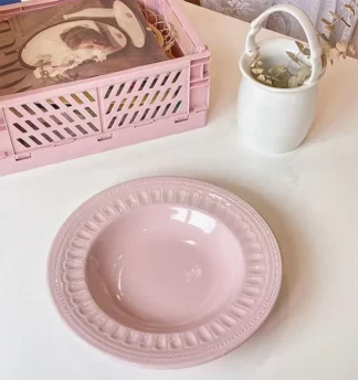 Nordic Embossed Straw Hat Plate Pink Ceramic Tableware