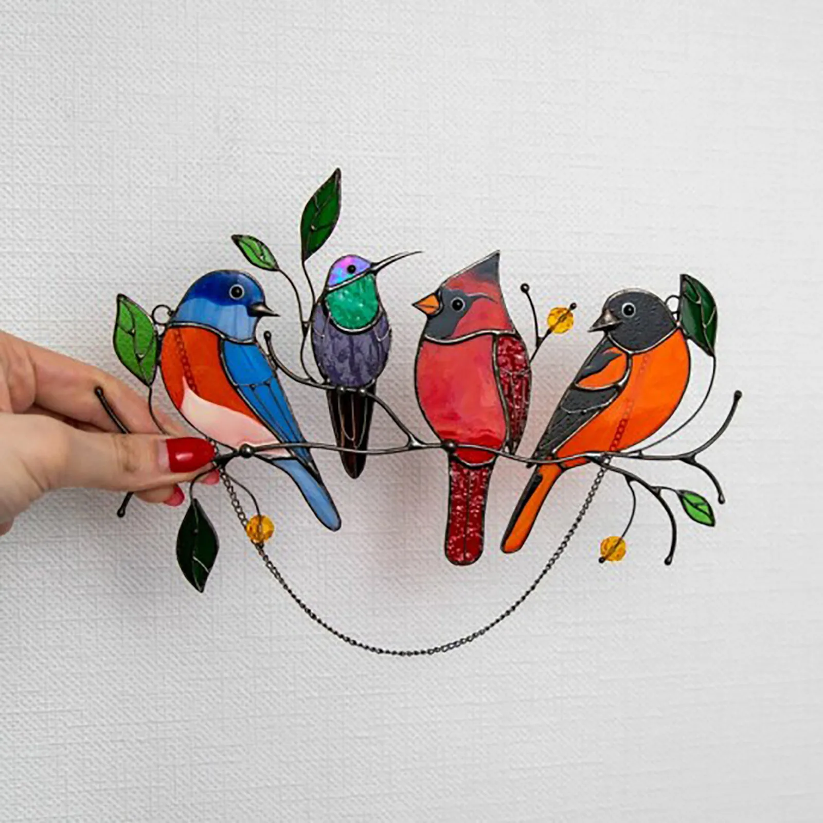 Multicolor Birds On A Wire High Stained Suncatcher Window Panel - Image 5
