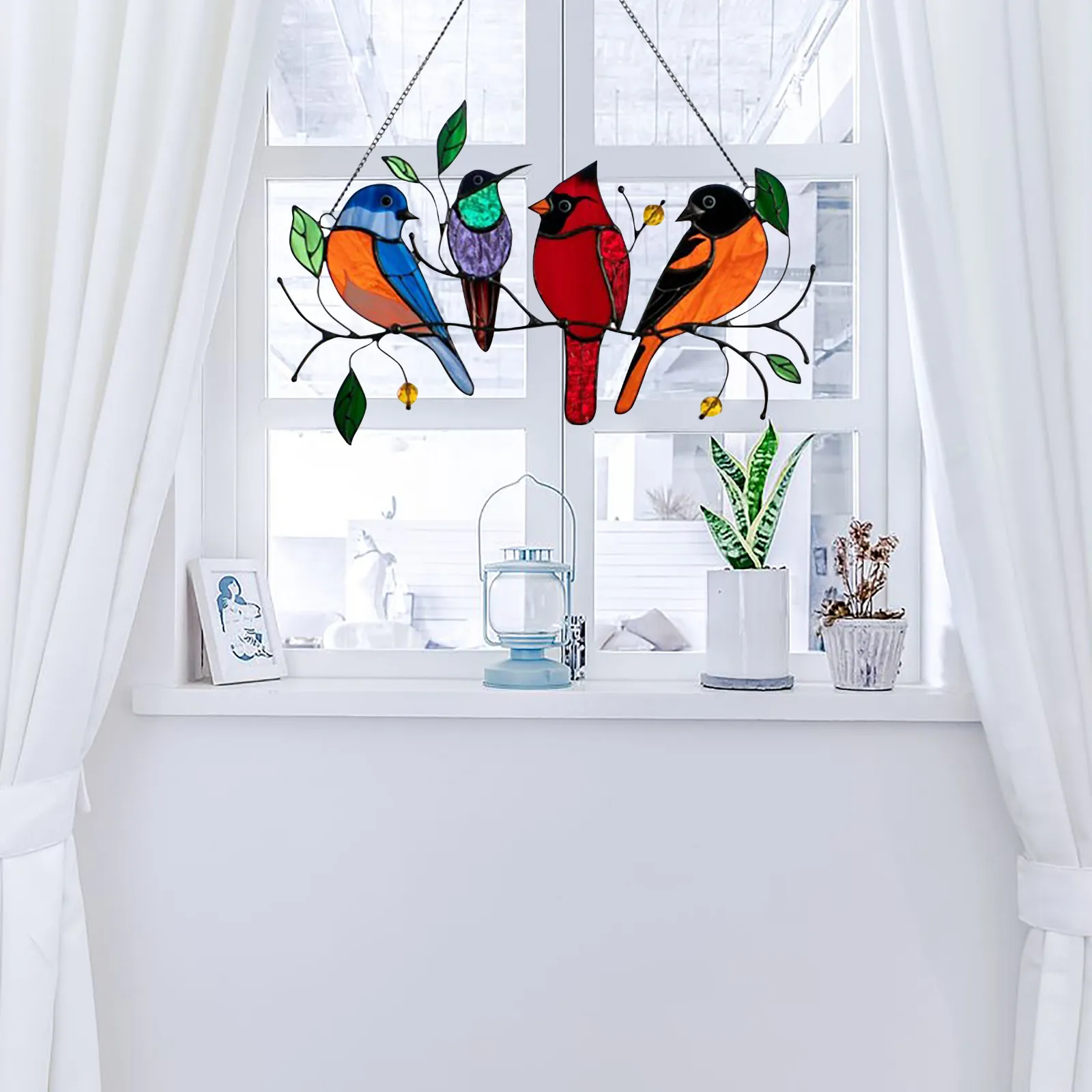 Multicolor Birds On A Wire High Stained Suncatcher Window Panel - Image 3