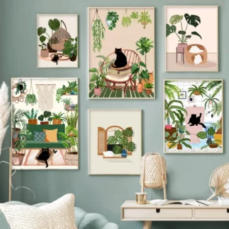 Abstract Green Plants Black Cat Canvas PaintingWall Art Decor (3PCS/Set)