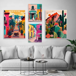 Arizona Desert Cactus Mexico Humanities Travel Landscape Wall Art Canvas Painting (4PCS/Set)