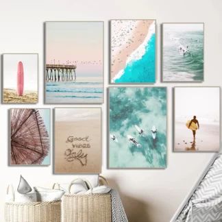 Beach Wave Surf Palm Surfboard Poster Canvas Painting Wall Decor (3PCS/Set )