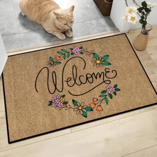 Welcome Flower Garland Velvet Non-Slip Door Mat